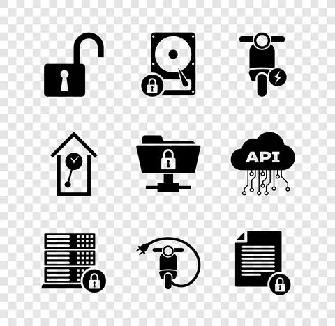Set Open padlock, Hard disk drive and, Electric scooter, Server security with Stock Illustration