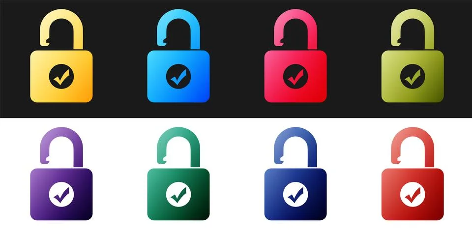 Set Open padlock icon isolated on black and white background. Opened lock sign Illustrazione stock