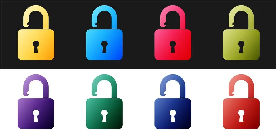 Set Open padlock icon isolated on black and white background. Opened lock sign 库存插图