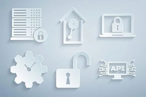 Set Open padlock, Laptop and, Time Management, Computer api interface, Retro  Illustrazione stock