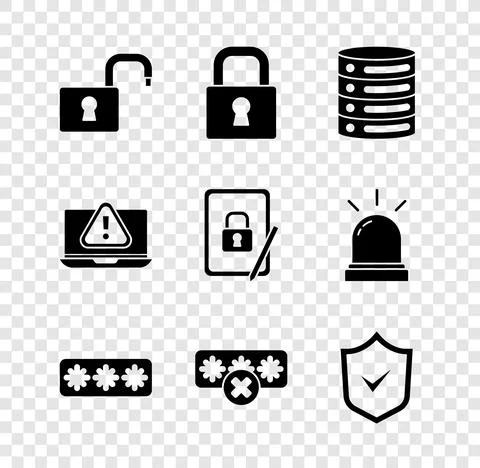 Set Open padlock, Lock, Server, Data, Web Hosting, Password protection, Shield Stock Illustration