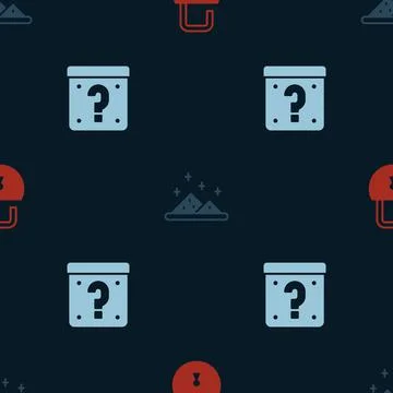 Set Open padlock, Magic powder and Mystery box on seamless pattern. Vector Stock Illustration