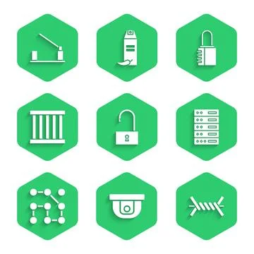 Set Open padlock, Motion sensor, Barbed wire, Server, Data, Web Hosting, Graphic Stock Illustration