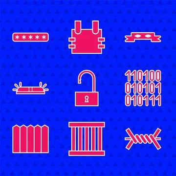 Set Open padlock, Prison window, Barbed wire, Binary code, Garden fence wooden 库存插图
