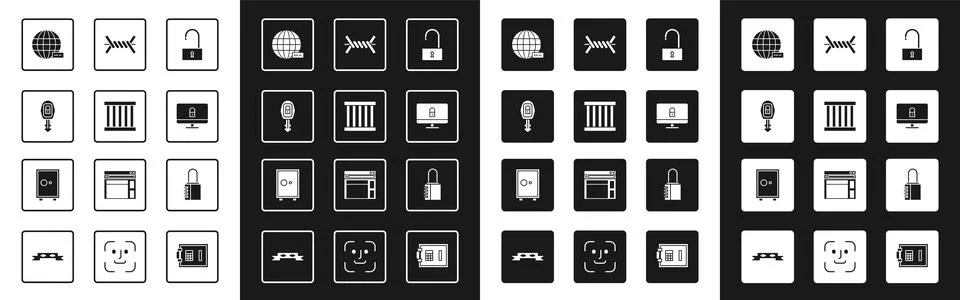 Set Open padlock, Prison window, Car key with remote, Social network, Lock Illustrazione stock