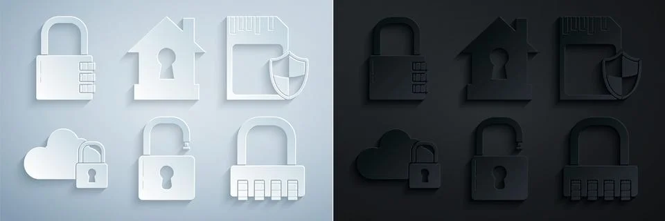 Set Open padlock, SD card and shield, Cloud computing, Safe combination, House Stockillustratie