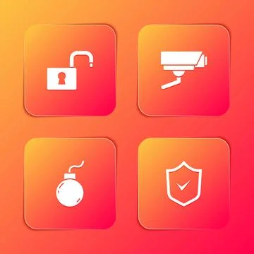 Set Open padlock, Security camera, Bomb ready to explode and Shield with check Stock Illustration