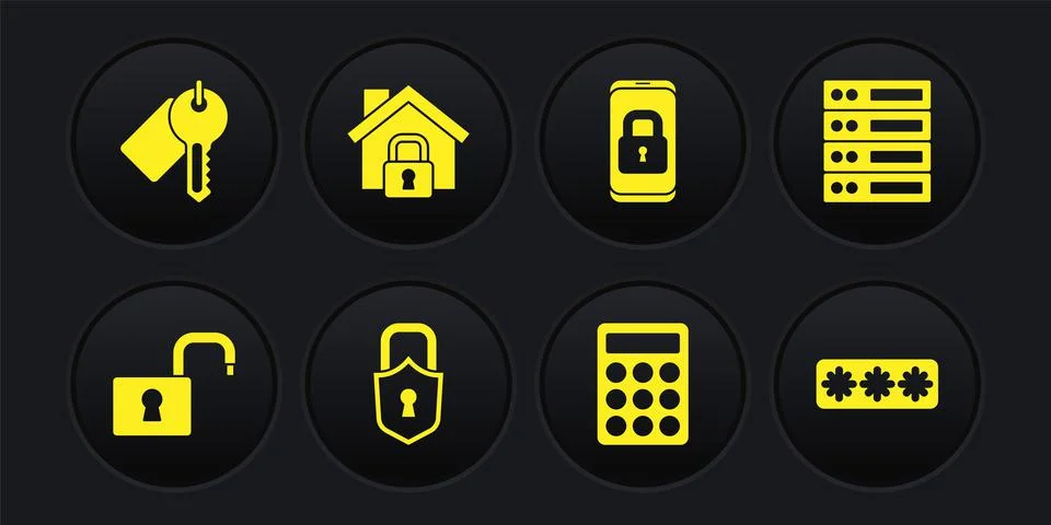 Set Open padlock, Server, Data, Web Hosting, Lock, Password protection, Mobile Stock Illustration