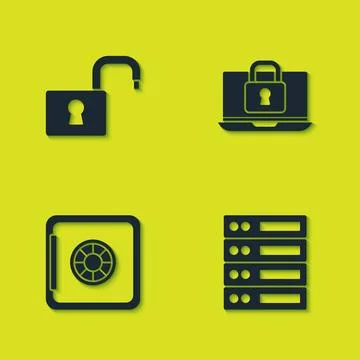 Set Open padlock, Server, Data, Web Hosting, Safe and Laptop and icon. Vector Stock Illustration