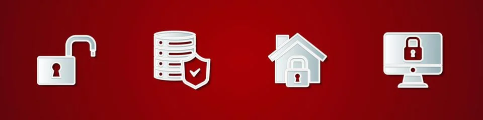 Set Open padlock, Server with shield, House under protection and Lock computer Stock Illustration