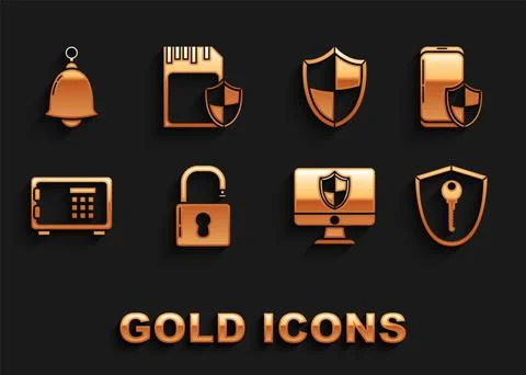 Set Open padlock, Smartphone with security shield, Shield key, Computer monitor Illustrazione stock