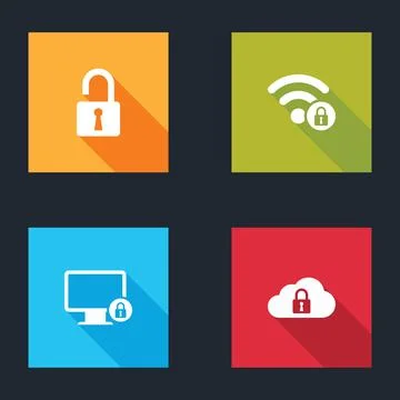 Set Open padlock, Wifi locked, Lock on monitor and Cloud computing icon. Vector Illustrazione stock