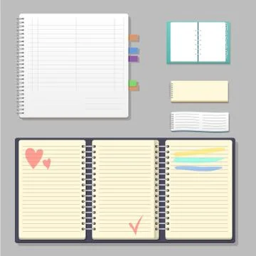 Set of open realistic notebooks with pages diary office sheet template booklet Stock Illustration