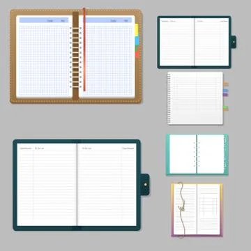 Set of open realistic notebooks with pages diary office sheet template booklet Stock Illustration