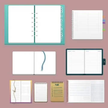 Set of open realistic notebooks with pages diary office sheet template booklet Stock Illustration