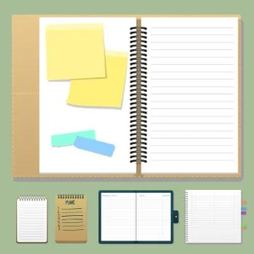 Set of open realistic notebooks with pages diary office sheet template booklet Stock Illustration