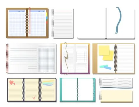 Set of open realistic notebooks with pages diary office sheet template booklet Stock Illustration