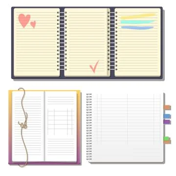 Set of open realistic notebooks with pages diary office sheet template booklet Stock Illustration