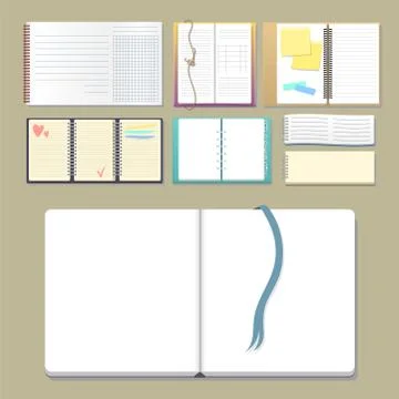 Set of open realistic notebooks with pages diary office sheet template booklet Stock Illustration