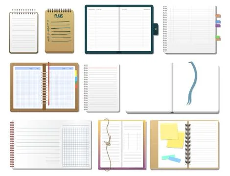 Set of open realistic notebooks with pages diary office sheet template booklet Stock Illustration