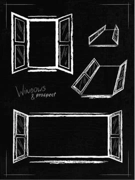 Set of open windows drawn in chalk. Architectural element hand drawing. Frame Stock Illustration