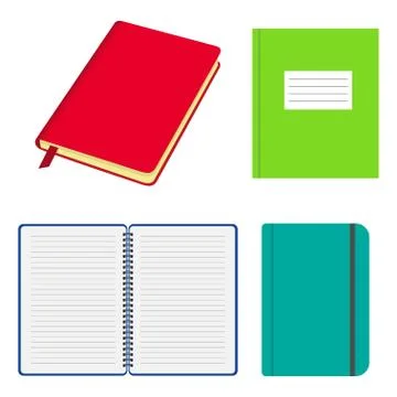 Set of opened and closed notebooks and copybooks with colored covers. Noteboo Stock Illustration