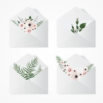 Set opened envelope with flowers. Illustration with white envelopes and flowe Stock Illustration