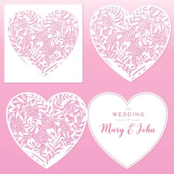 Set of openwork hearts with flowers. Laser cutting template. Stock Illustration