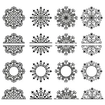 Set of openwork snowflakes black outline, color vector illustration Stock Illustration