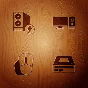 Set Optical disc drive, Case of computer, Computer mouse and monitor on woo.. Stock Illustration