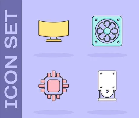 Set Optical disc drive, Computer monitor screen, Processor with CPU and cooler 스톡 일러스트