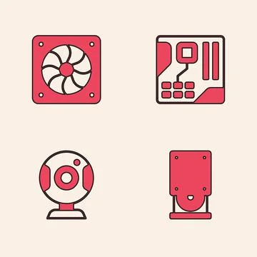 Set Optical disc drive, Computer cooler, Motherboard digital chip and Web camera イラスト素材