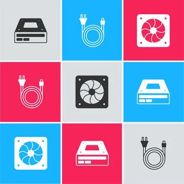 Set Optical disc drive, Electric plug and Computer cooler icon. Vector イラスト素材