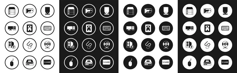 Set Optical disc drive, Hard disk HDD, Computer monitor, Server, Data, Web Stock Illustration