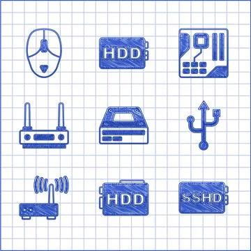 Set Optical disc drive, Hard disk HDD, SSHD card, USB, Router and wi-fi signal Stockillustratie