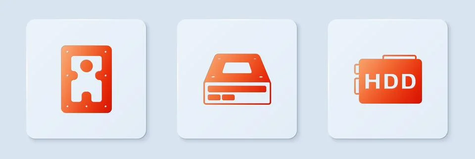 Set Optical disc drive, Hard disk HDD and . White square button. Vector Stock Illustration
