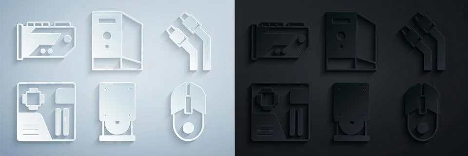 Set Optical disc drive, LAN cable network internet, Motherboard digital chip Stock Illustration