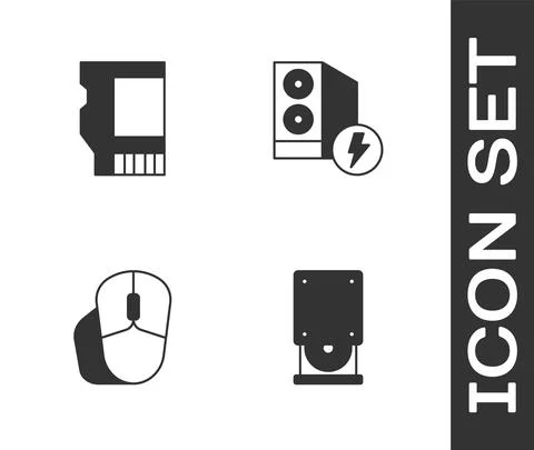 Set Optical disc drive, SD card, Computer mouse and Case of computer icon Stock Illustration