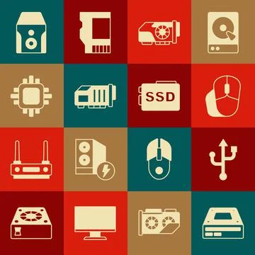 Set Optical disc drive, USB, Computer mouse, Video graphic card, Processor with Stock Illustration
