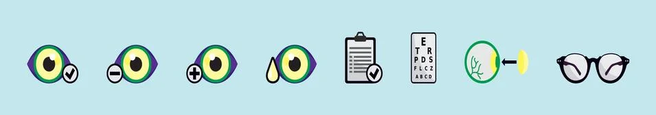 Set of optometry cartoon icon design template with various models. Stock Illustration