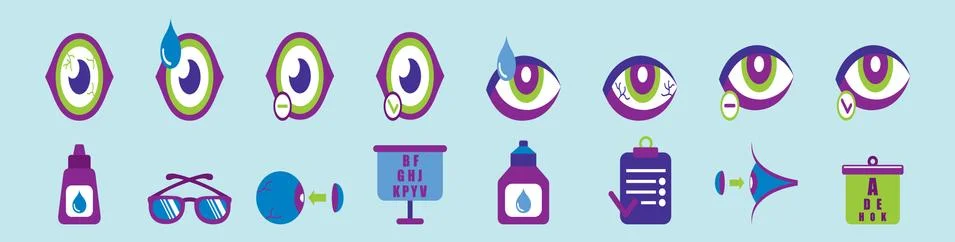 Set of optometry cartoon icon design template with various models. Stock Illustration