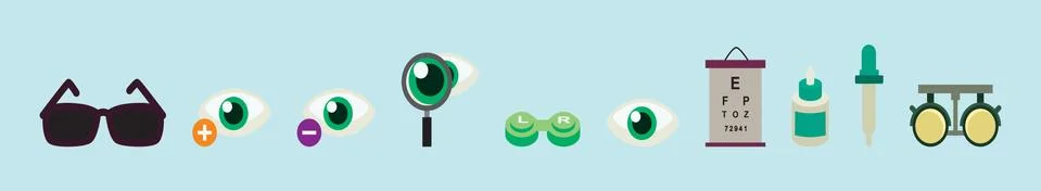 Set of optometry cartoon icon design template with various models. Stock Illustration
