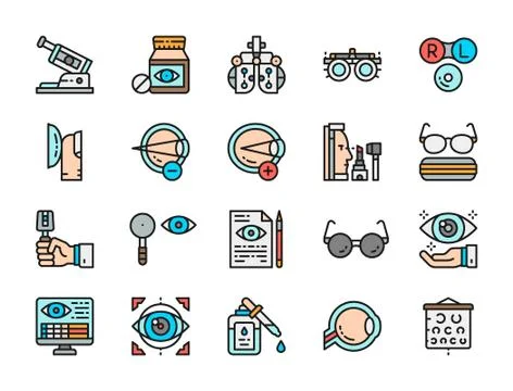 Set of Optometry Flat Color Icons. Vitamins, Optical Clinic, Surgery and more. Stock Illustration