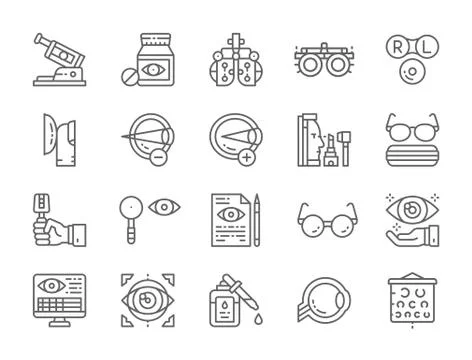 Set of Optometry Line Icons. Vitamins, Optical Clinic, Eye Surgery and more. 스톡 일러스트