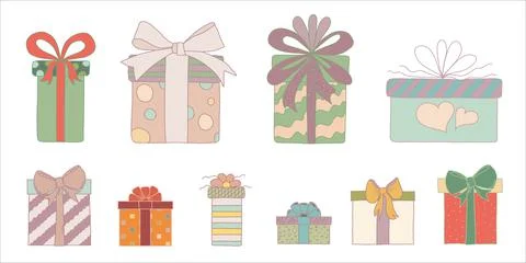 Set or collection hand drawn colored gift boxes in doodle style. Isolated vector Stock Illustration