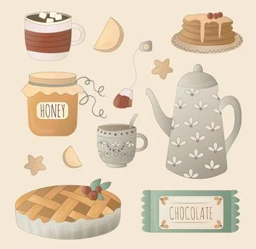 A set or collection of things and goodies for a cozy tea party Stock Illustration
