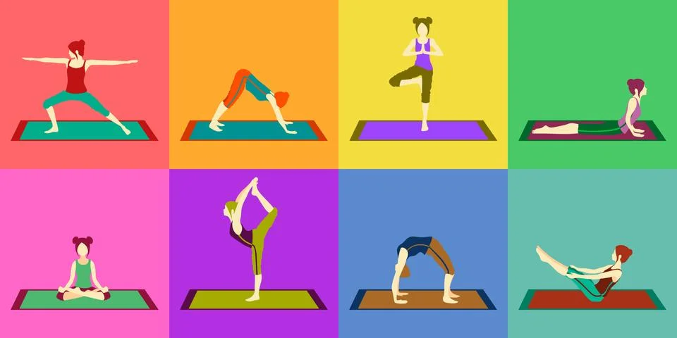 Set or colorful pattern with eight girls doing yoga poses Stock Illustration