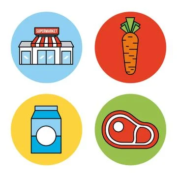 Set or design elements relating to supermarket food drink and other items Illustrazione stock