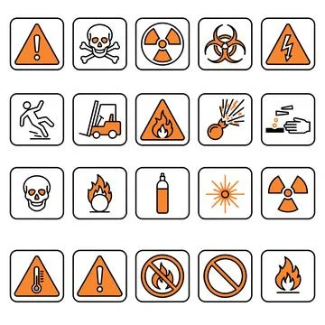 Set of orange and black hazard warning icons including skull, biohazard, ra.. Ilustração Stock