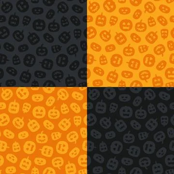 Set of orange and black seamless patterns with carved Halloween pumpkins. Stock Illustration